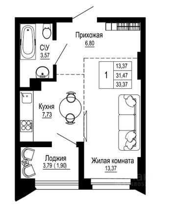 Продажа 1-комнатной квартиры 32 м², 24/26 этаж