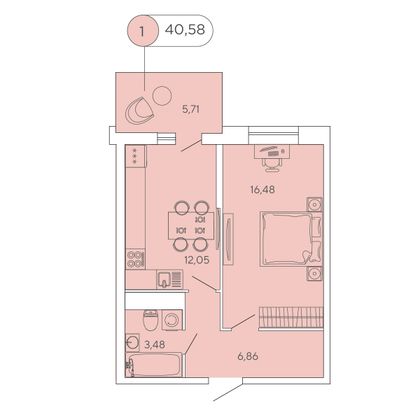 40,6 м², 1-комн. квартира, 10/12 этаж