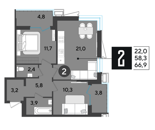 Продажа 2-комнатной квартиры 66,9 м², 2/18 этаж