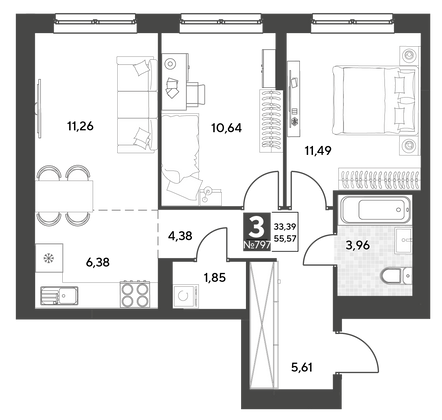 Продажа 3-комнатной квартиры 55,6 м², 18/25 этаж