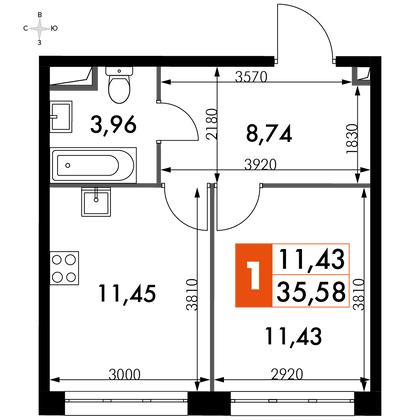 35,6 м², 1-комн. квартира, 9/15 этаж