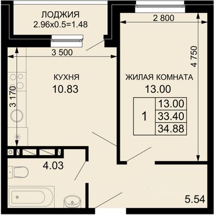 Продажа 1-комнатной квартиры 35,1 м², 6/9 этаж