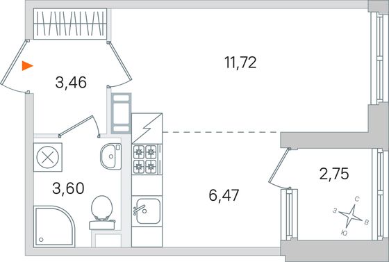 Продажа квартиры-студии 26,6 м², 4/4 этаж