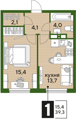 Продажа 1-комнатной квартиры 39,3 м², 12/16 этаж