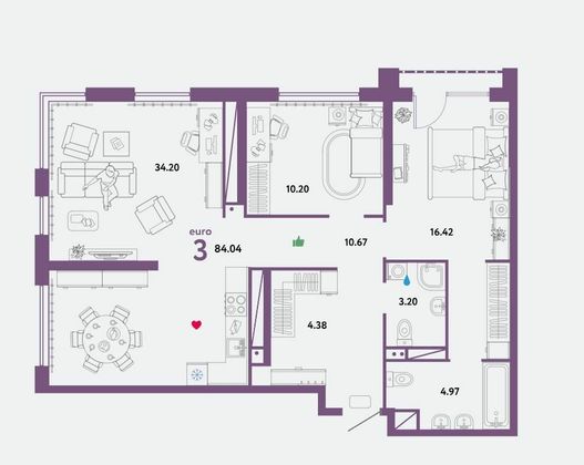 Продажа 3-комнатной квартиры 84 м², 28/32 этаж