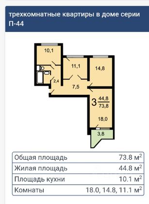 Продажа 3-комнатной квартиры 73,8 м², 6/14 этаж