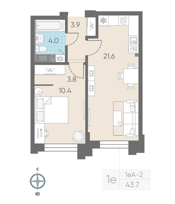 Продажа 1-комнатной квартиры 43,7 м², 6/11 этаж