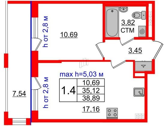 Продажа 1-комнатной квартиры 35,1 м², 4/4 этаж