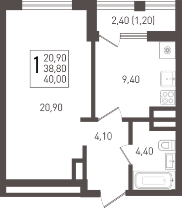 40 м², 1-комн. квартира, 2/8 этаж