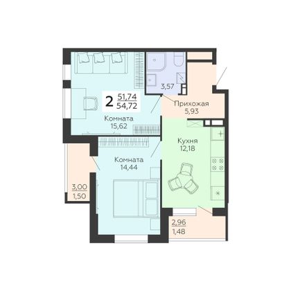 Продажа 2-комнатной квартиры 54,7 м², 14/18 этаж