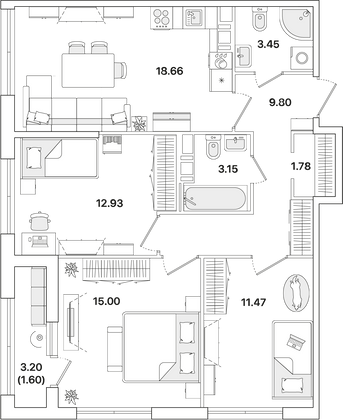 77,8 м², 3-комн. квартира, 10/12 этаж