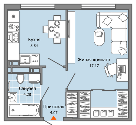 34 м², 1-комн. квартира, 4/7 этаж