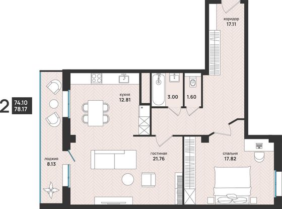 78,2 м², 2-комн. квартира, 7/13 этаж