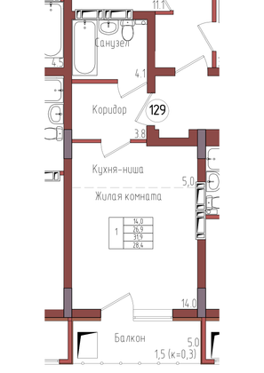 28,4 м², 1-комн. квартира, 8/9 этаж