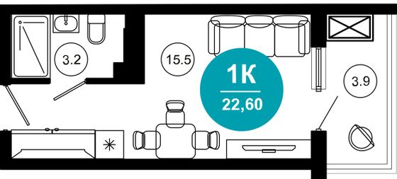 22,6 м², 1-комн. квартира, 6/10 этаж