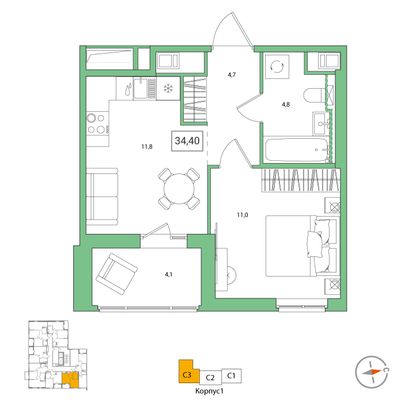 34,4 м², 1-комн. квартира, 12/12 этаж