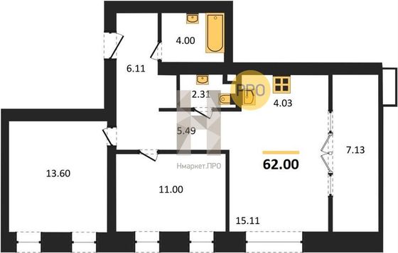 Продажа 2-комнатной квартиры 62 м², 2/4 этаж