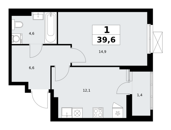 39,6 м², своб. планировка, 14/18 этаж