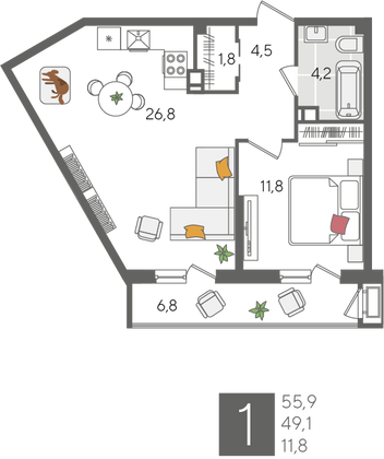 Продажа 1-комнатной квартиры 55,9 м², 3/24 этаж