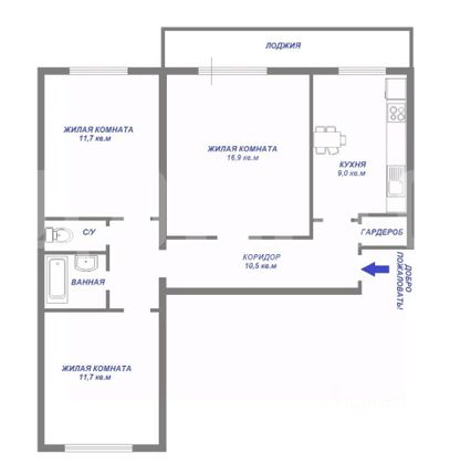 Продажа 3-комнатной квартиры 63,3 м², 2/10 этаж