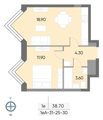 Продажа 1-комнатной квартиры 38,7 м², 27/30 этаж