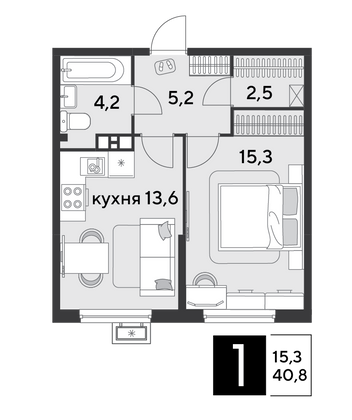 Продажа 1-комнатной квартиры 40,8 м², 3/9 этаж
