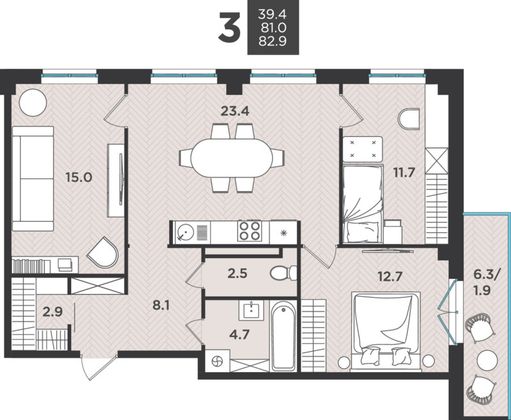 82,9 м², 4-комн. квартира, 2/9 этаж
