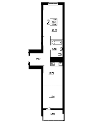 57,6 м², 2-комн. квартира, 15/16 этаж