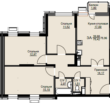 Продажа 3-комнатной квартиры 76 м², 3/17 этаж