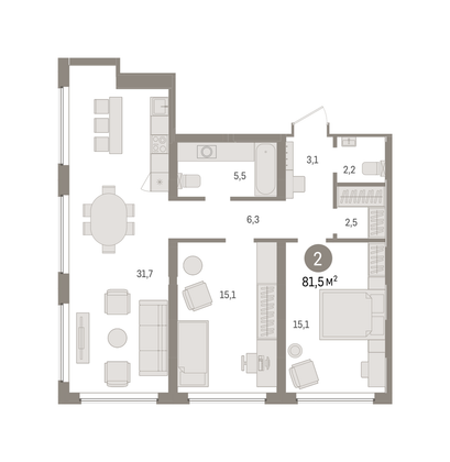 81,5 м², 2-комн. квартира, 2/7 этаж