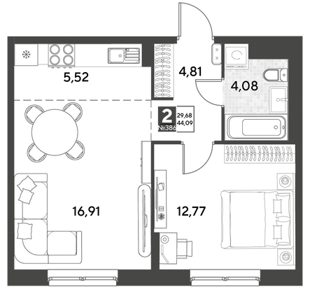 Продажа 2-комнатной квартиры 44,1 м², 2/21 этаж