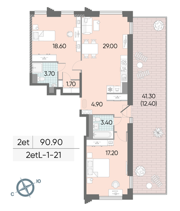 Продажа 2-комнатной квартиры 90,9 м², 21/58 этаж