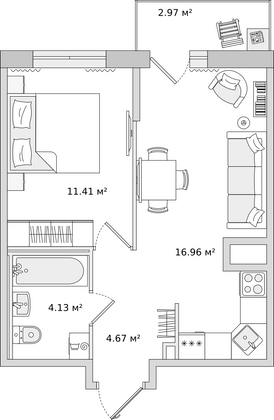 41,1 м², 1-комн. квартира, 19/23 этаж