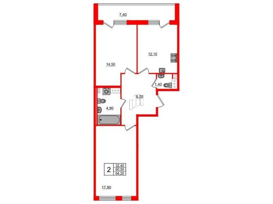 Продажа 2-комнатной квартиры 61,4 м², 10/10 этаж