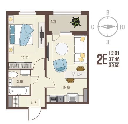 39,7 м², 1-комн. квартира, 15/17 этаж