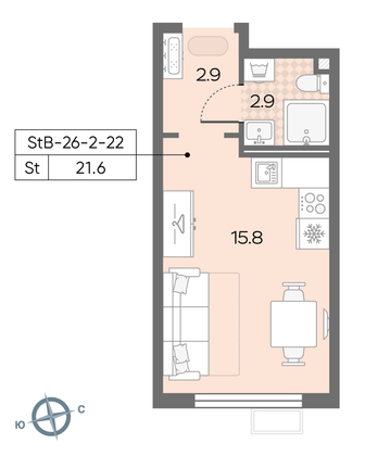 21,6 м², студия, 22/24 этаж