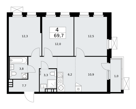 69,7 м², 4-комн. квартира, 4/14 этаж