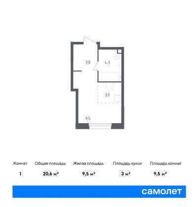 20,6 м², студия, 1/16 этаж