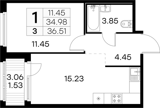 36,5 м², 1-комн. квартира, 1/15 этаж