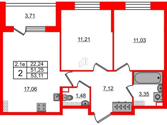 Продажа 2-комнатной квартиры 51,3 м², 5/5 этаж
