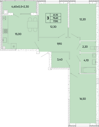 77,9 м², 3-комн. квартира, 1/9 этаж