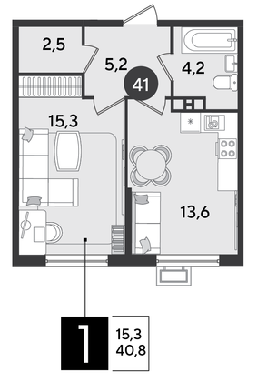 Продажа 1-комнатной квартиры 40,8 м², 8/9 этаж