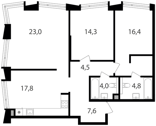 Продажа 3-комнатной квартиры 92,4 м², 22/25 этаж