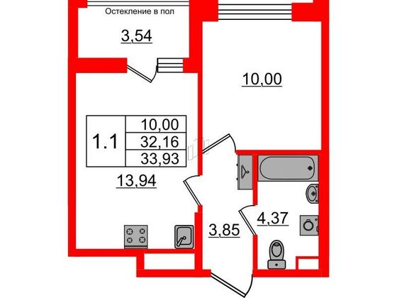 Продажа 1-комнатной квартиры 32,2 м², 1/12 этаж