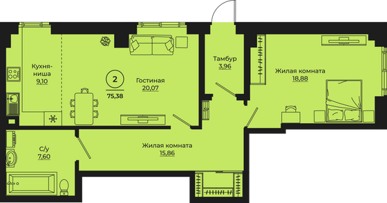 Продажа 2-комнатной квартиры 75,4 м², 1/24 этаж
