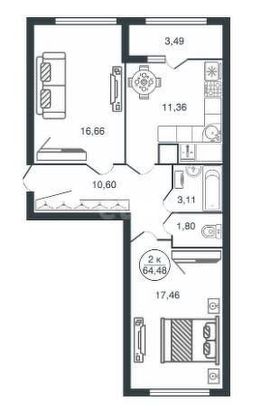 Продажа 2-комнатной квартиры 64,5 м², 9/16 этаж