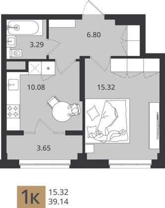 39,1 м², 1-комн. квартира, 2/3 этаж