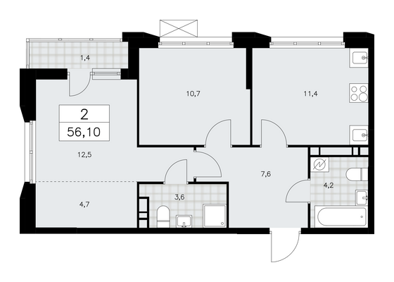 56,1 м², 2-комн. квартира, 9/14 этаж