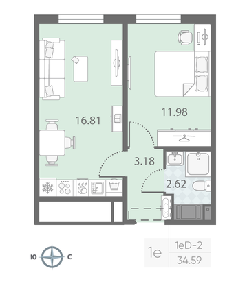 Продажа 1-комнатной квартиры 34,6 м², 9/23 этаж