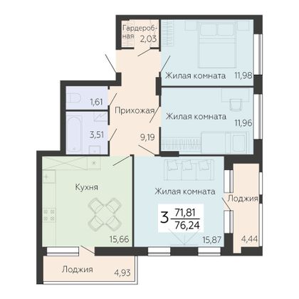 Продажа 3-комнатной квартиры 76,2 м², 4/14 этаж